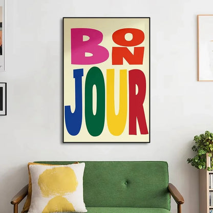 colorful “bonjour” French greeting quote canvas wall art
