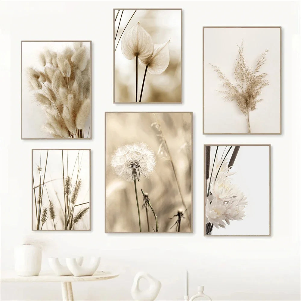 minimalist beige canvas with reed grass and flowers nordic style