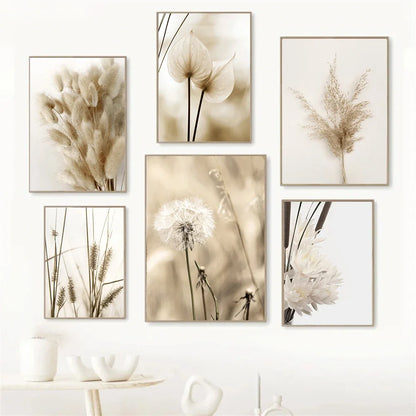 minimalist beige canvas with reed grass and flowers nordic style