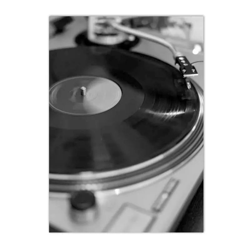 black and white vintage canvas with record camera and typewriter