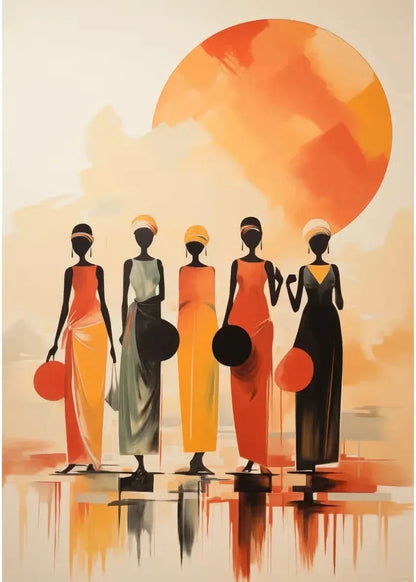 elegant portraits of african women with sun motifs on canvas
