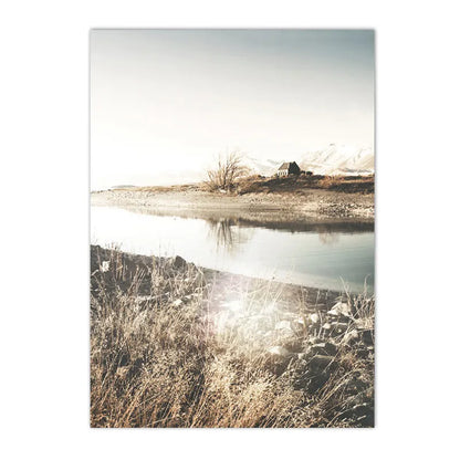 spring lake sunrise with reed grass and tree Nordic canvas wall art