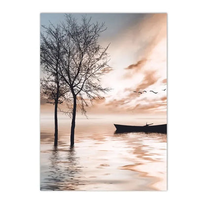 sunset lake with hut bridge and canoe among reeds Nordic canvas wall art