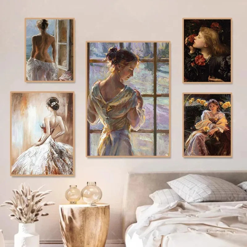 French vintage maiden with flowers portrait canvas wall art