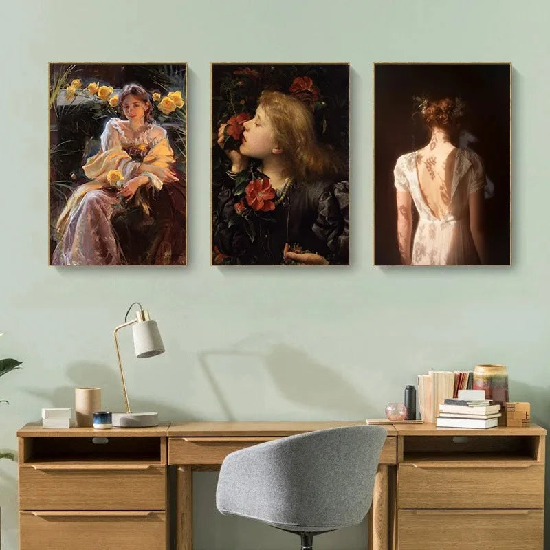 French vintage maiden with flowers portrait canvas wall art