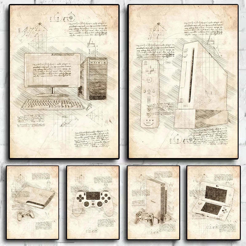Vintage Sketch Gaming Blueprint Prints Collection