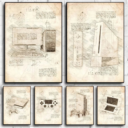 Vintage Sketch Gaming Blueprint Prints Collection