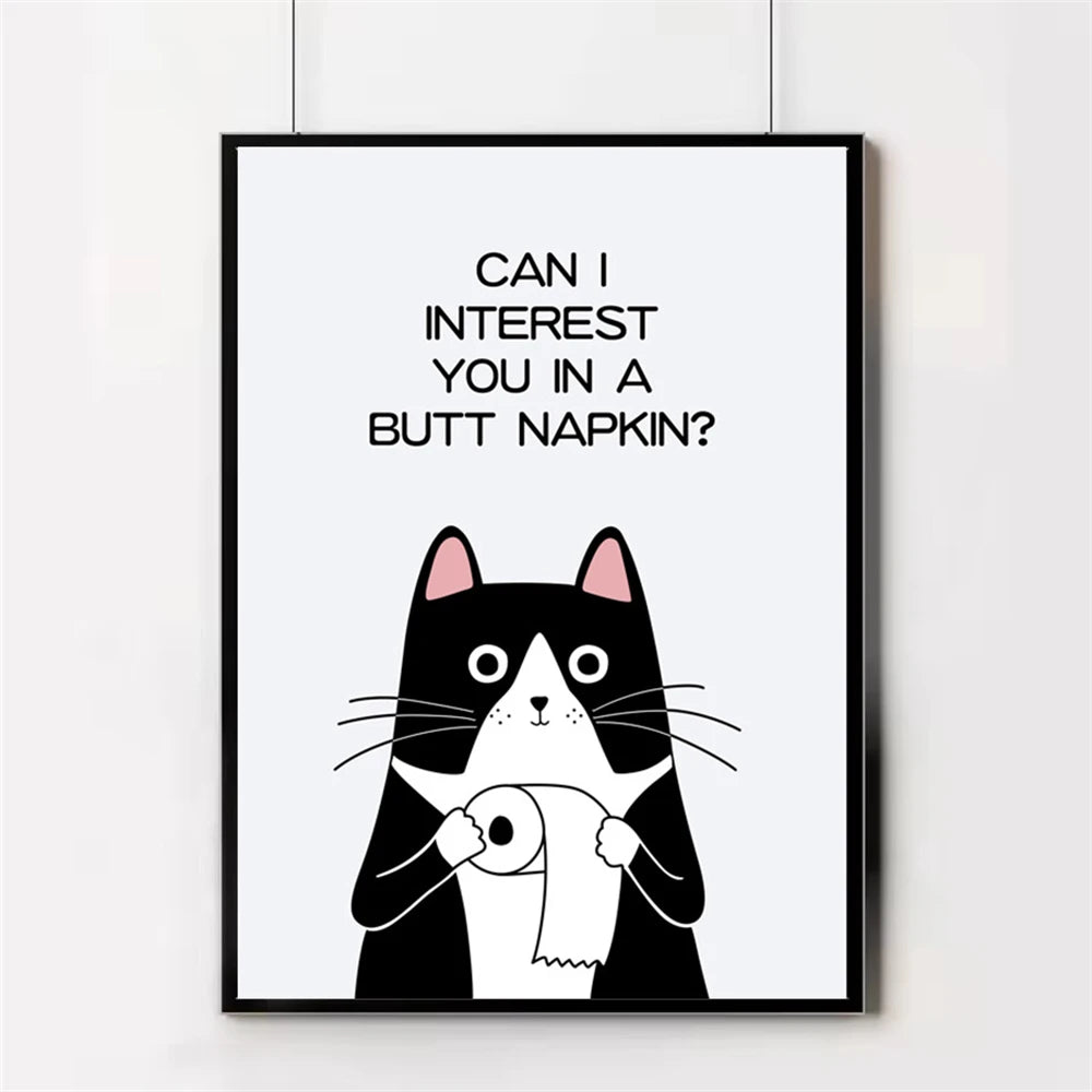 black and white funny cat bathroom wall art canvas