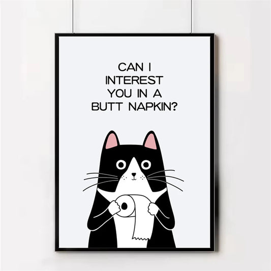 black and white funny cat bathroom wall art canvas