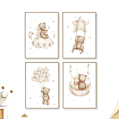 Nordic kids canvas with moon, stars, rabbit and bear