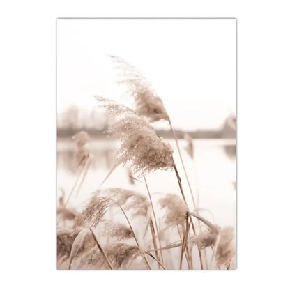 sunset lake with hut bridge and canoe among reeds Nordic canvas wall art