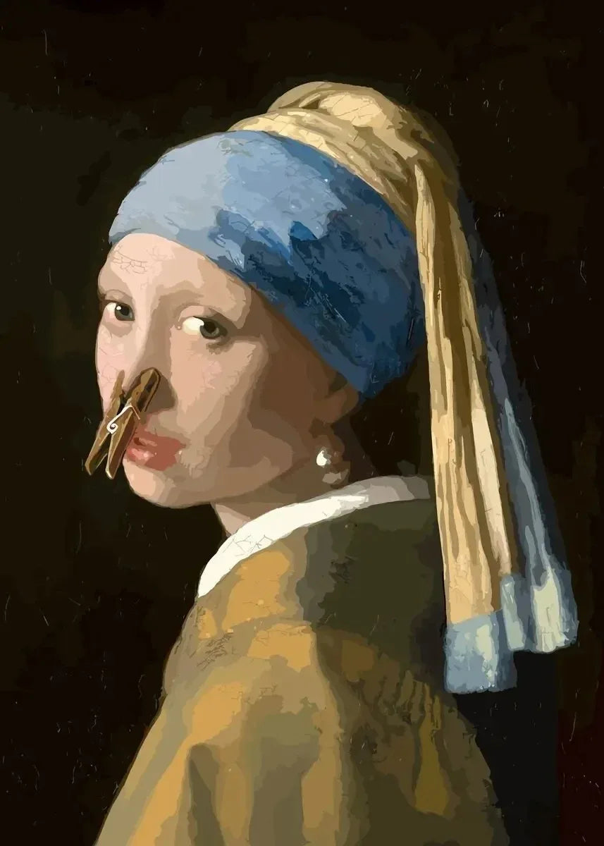 funny bathroom canvas with Mona Lisa and Girl with a Pearl Earring toilet-paper gag