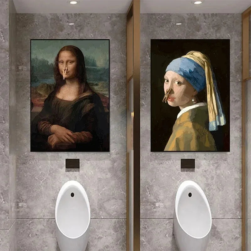 funny bathroom canvas with Mona Lisa and Girl with a Pearl Earring toilet-paper gag