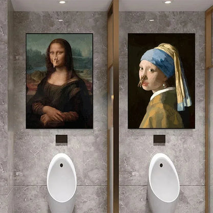 funny bathroom canvas with Mona Lisa and Girl with a Pearl Earring toilet-paper gag
