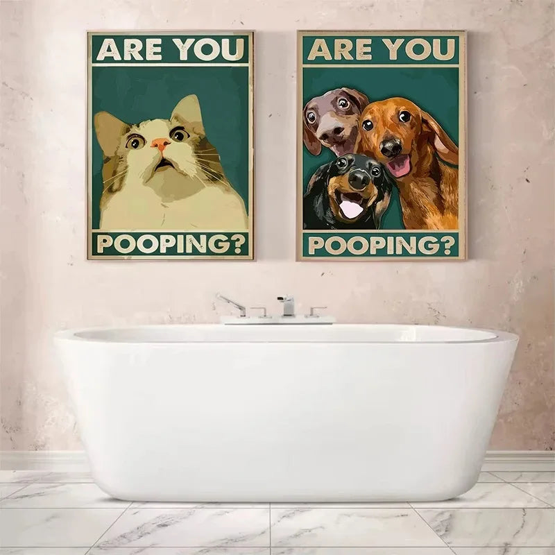 Funny cats and dogs “Are You Pooping?” bathroom canvas wall art