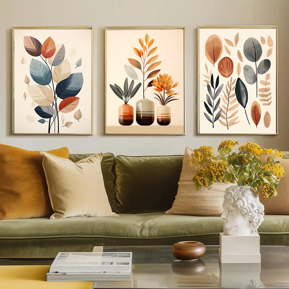 three piece retro leaf and watercolor vase abstract canvas set
