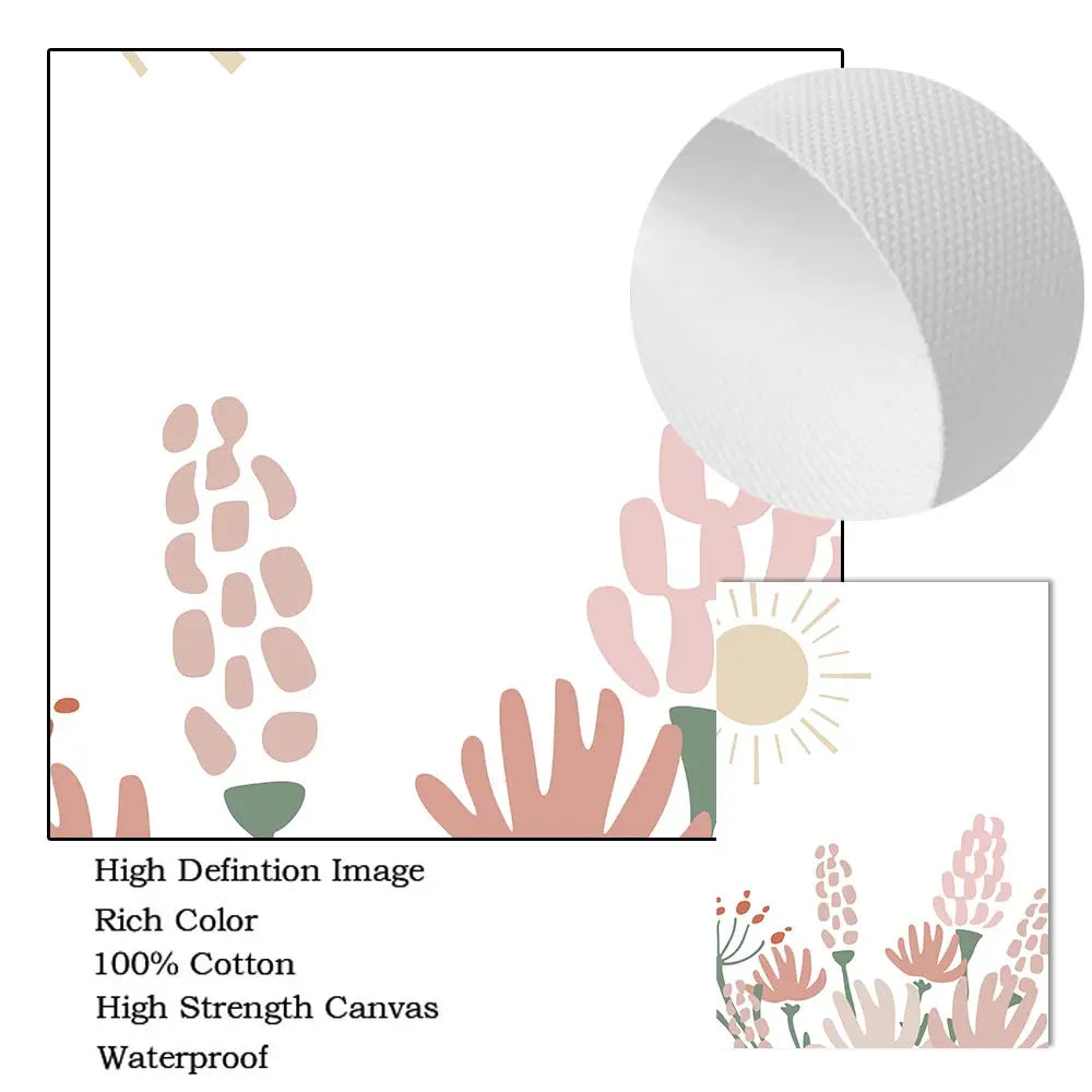 Nordic kids canvas with rainbow, sun, clouds and pink flowers