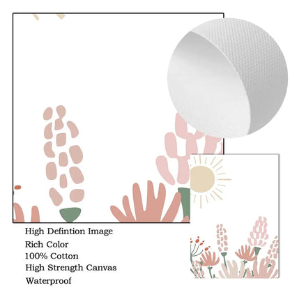 Nordic kids canvas with rainbow, sun, clouds and pink flowers