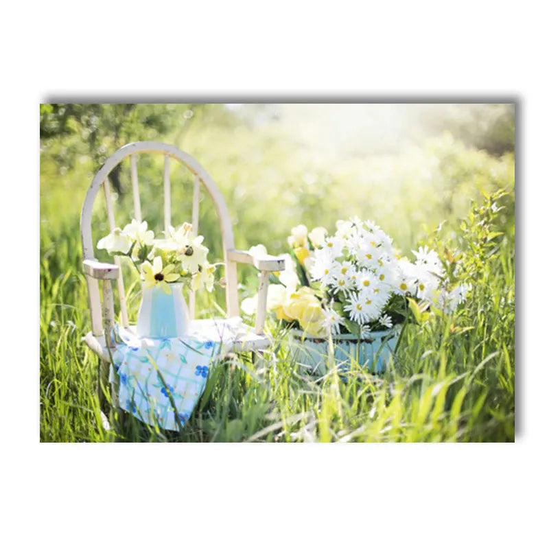 spring landscape with daisies lemons and bike canvas wall art