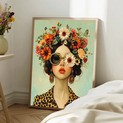 nordic scandinavian portrait woman with glasses flowers and birds canvas
