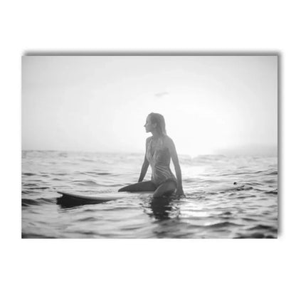 black and white coastal canvas with coconut palms sea and figure silhouette