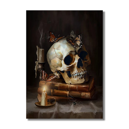 Vintage Halloween canvas with castle, skull, witch, and pumpkin head