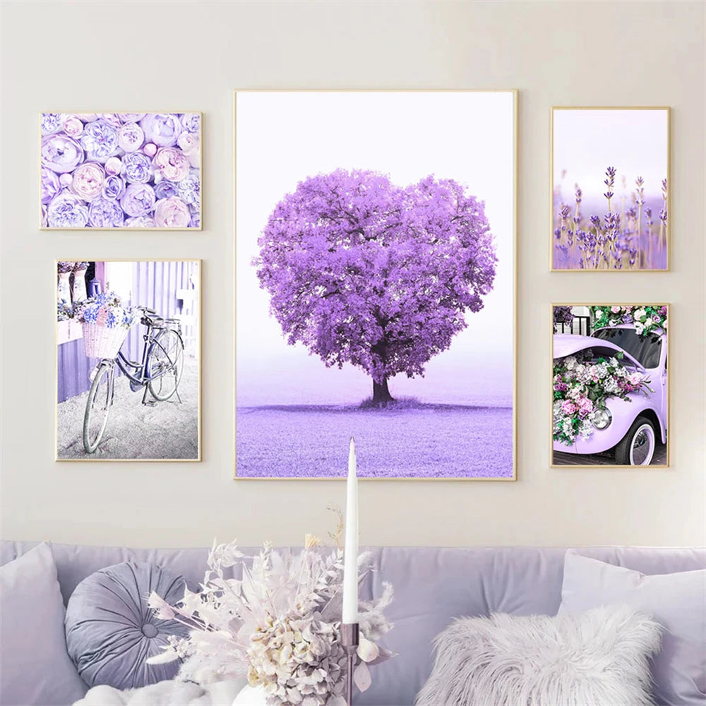 lavender dreamscape canvas with tree blossoms flower girl door bike and car
