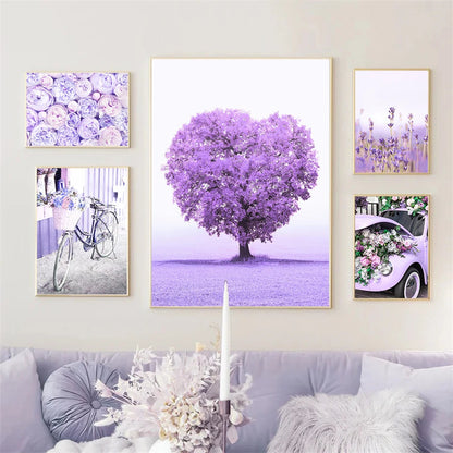 lavender dreamscape canvas with tree blossoms flower girl door bike and car