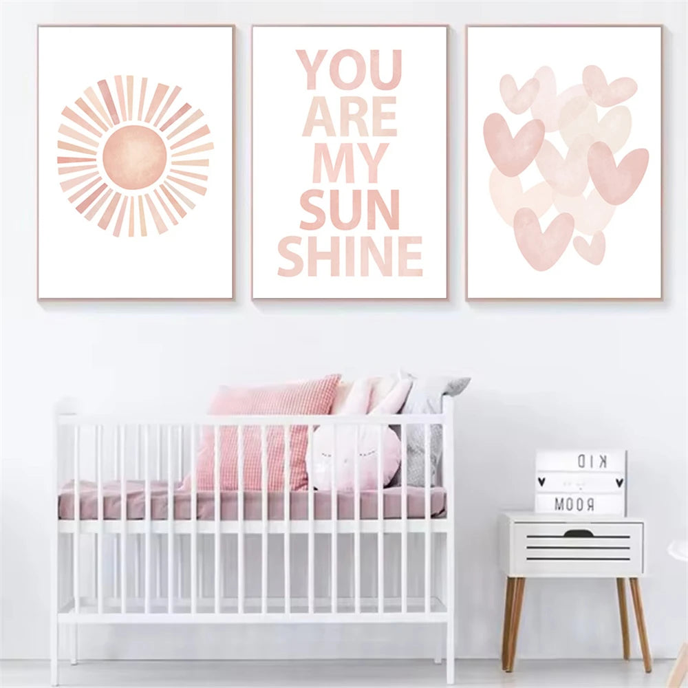 pink “you are my sunshine” with hearts and sun kids canvas wall art