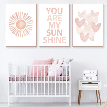 pink “you are my sunshine” with hearts and sun kids canvas wall art
