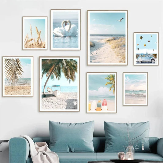 swan with surfboard under coconut tree tropical beach canvas wall art