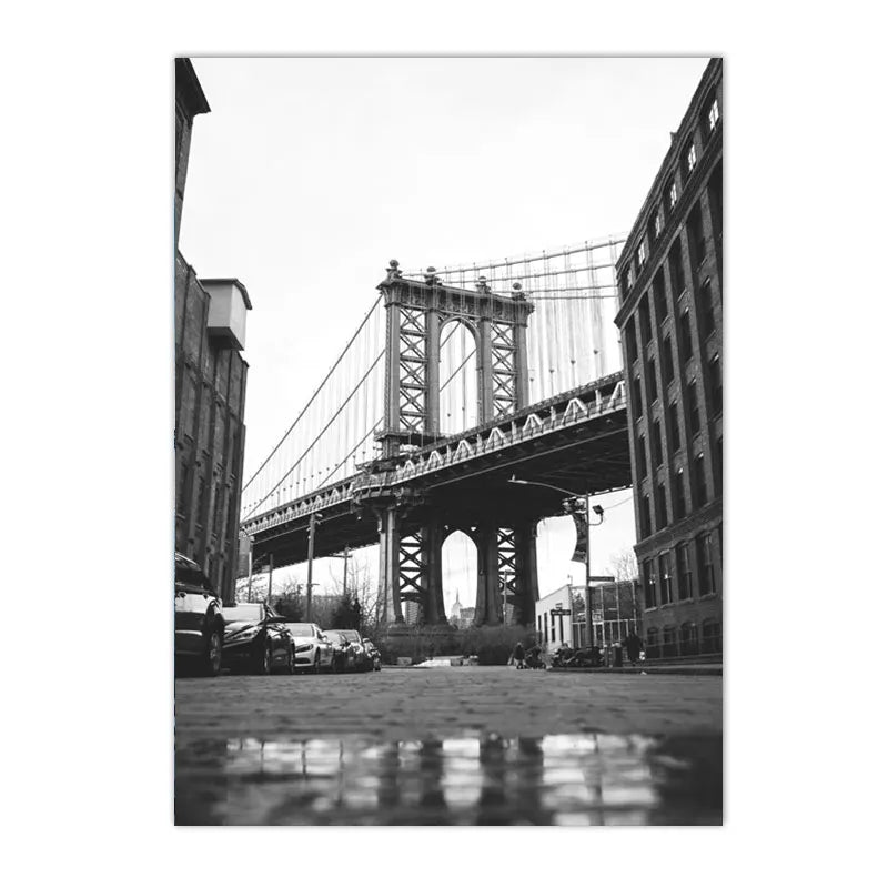 black and white new york themed still life canvas with guitar and camera