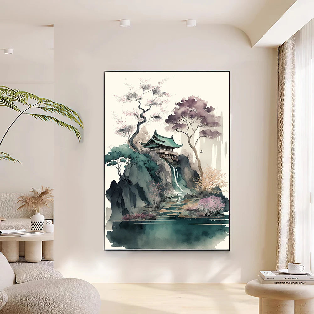 japanese style watercolor landscape aesthetic canvas wall art