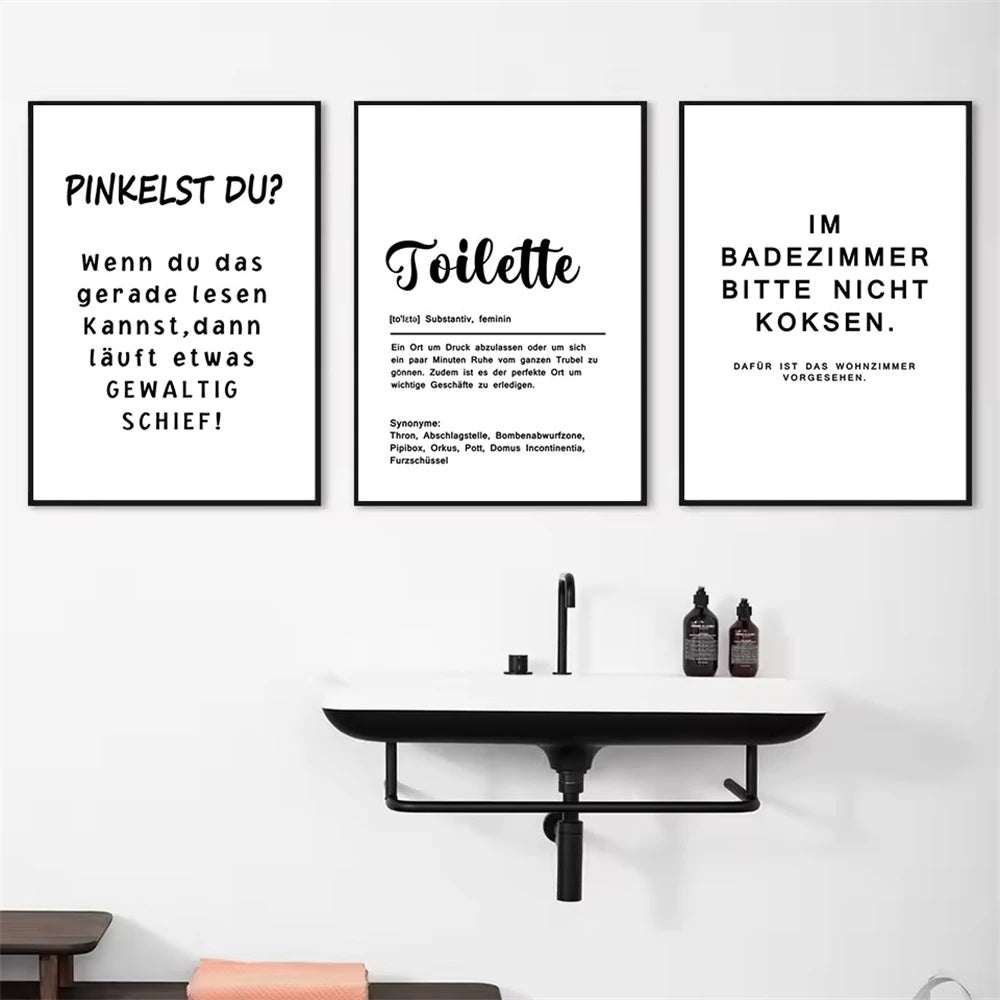 minimalist black and white funny bathroom saying quote canvas