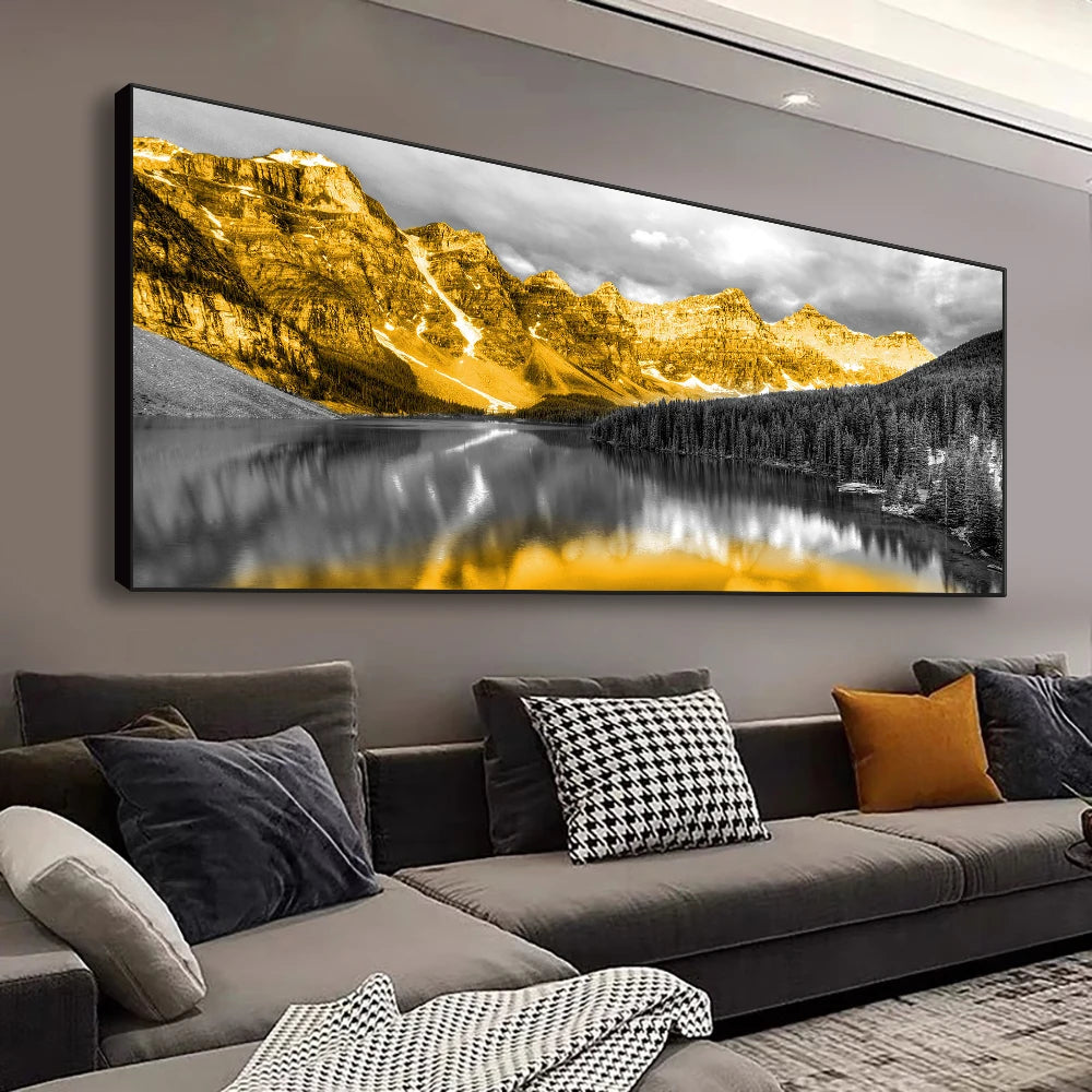 Golden mountains reflected in black lake modern landscape canvas wall art