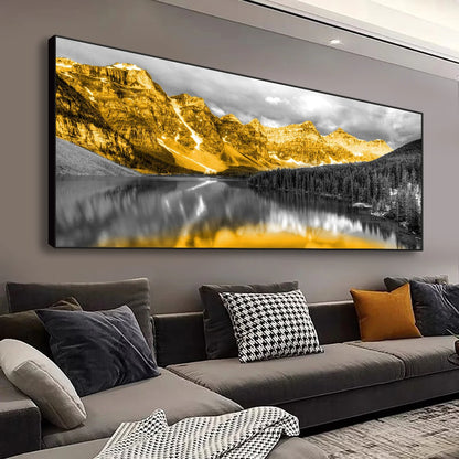 Golden mountains reflected in black lake modern landscape canvas wall art