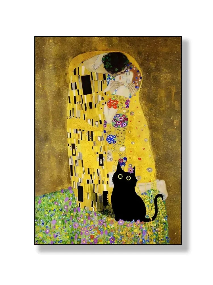 black cat with impressionist water lilies canvas wall art