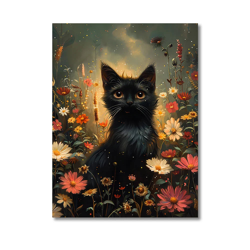 Black Cat in Flowers Canvas Print