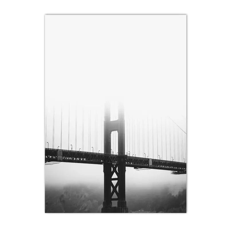 black and white coastal bridge boat palm sea waves nordic canvas