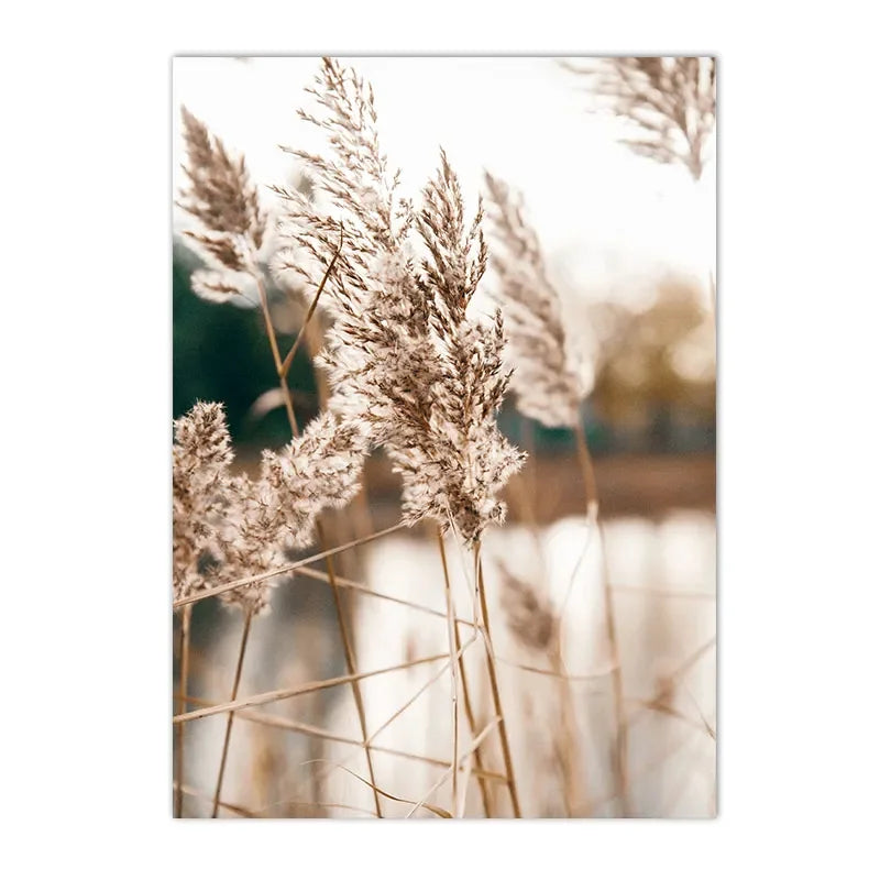 dried flowers with reeds, bridge and lake bird Nordic canvas wall art