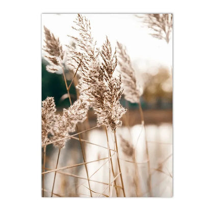 dried flowers with reeds, bridge and lake bird Nordic canvas wall art