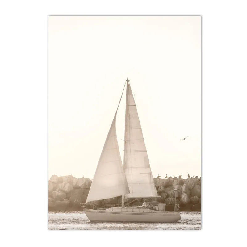 beige coastal canvas with seagull swan dandelion and reeds