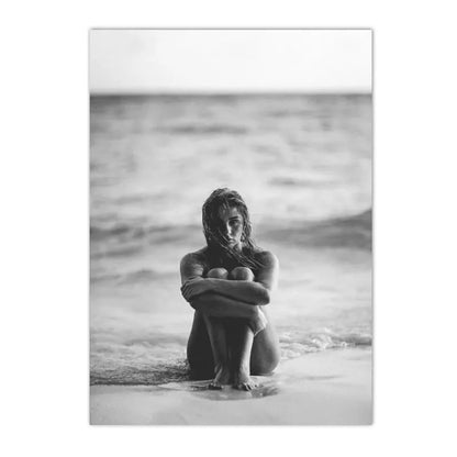 black and white coastal canvas with coconut palms sea and figure silhouette
