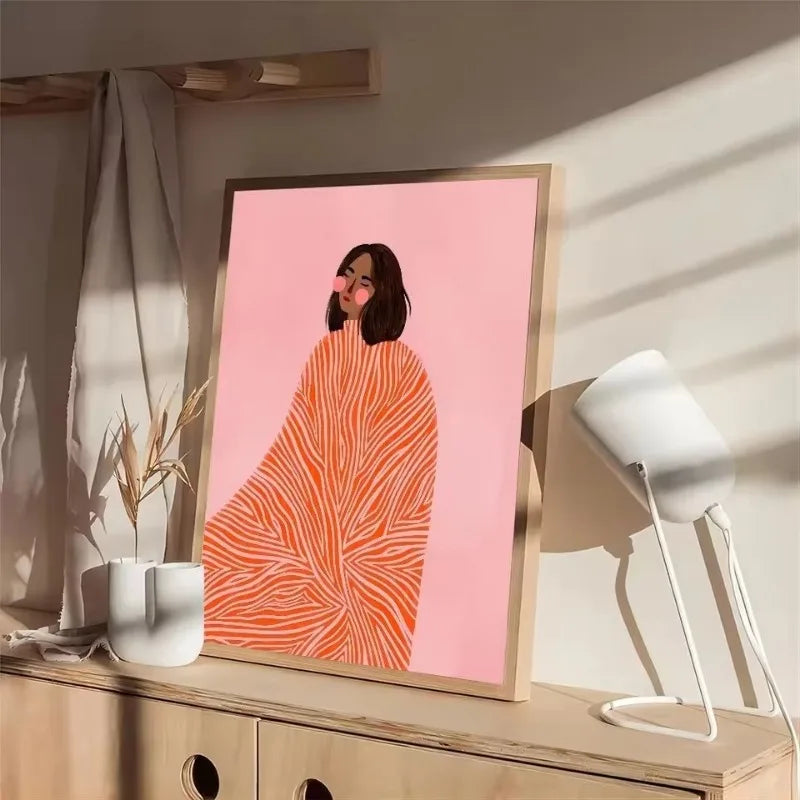 modern line art woman over red and orange striped background canvas