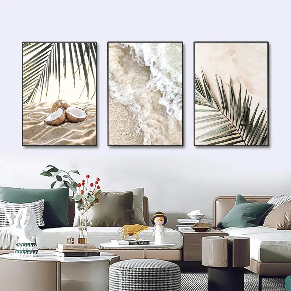 white waves on beach with palm leaves Nordic canvas wall art