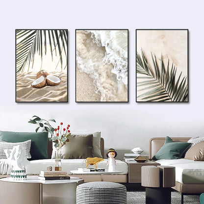 white waves on beach with palm leaves Nordic canvas wall art