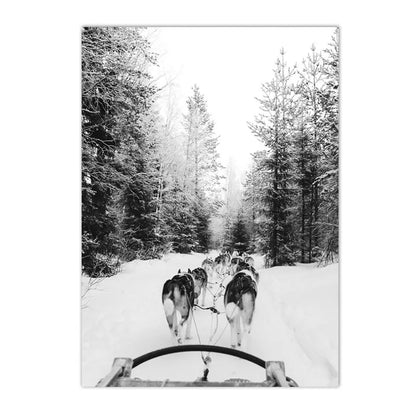 black and white winter ski scene with dog deer and snowy forest on canvas