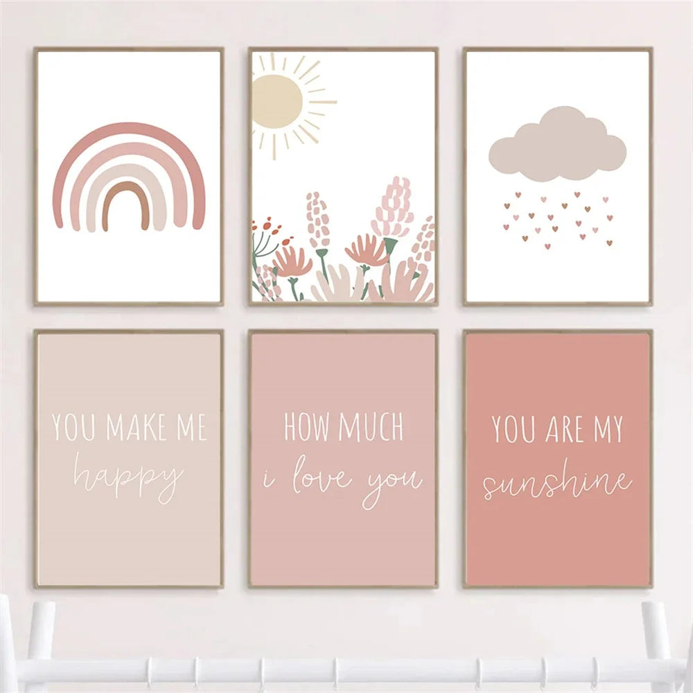 Nordic kids canvas with rainbow, sun, clouds and pink flowers