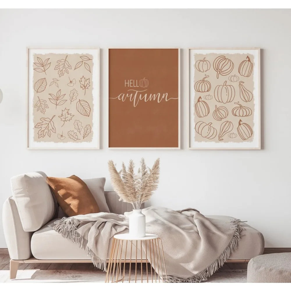 Minimalist Pumpkin "Hello Autumn" Line Print - Set Of 3