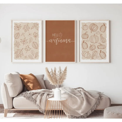 Minimalist Pumpkin "Hello Autumn" Line Print - Set Of 3